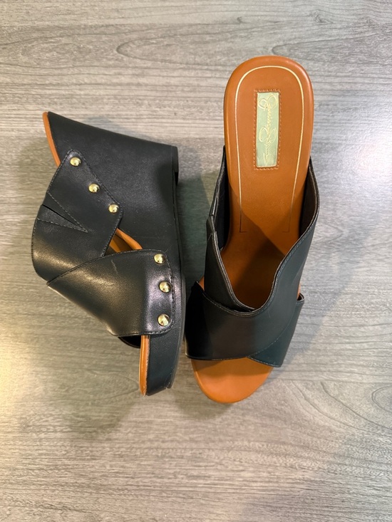 Jessica Simpson Shoes - Jessica Simpson Black and Tan Crisscross Wedge Mule with Gold Studs